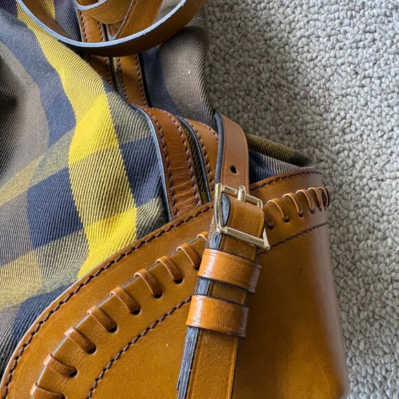 Burberry Prorsum House Check Canvas Tote Chrome Yellow Bridle Leather Large - Picture 5 of 16